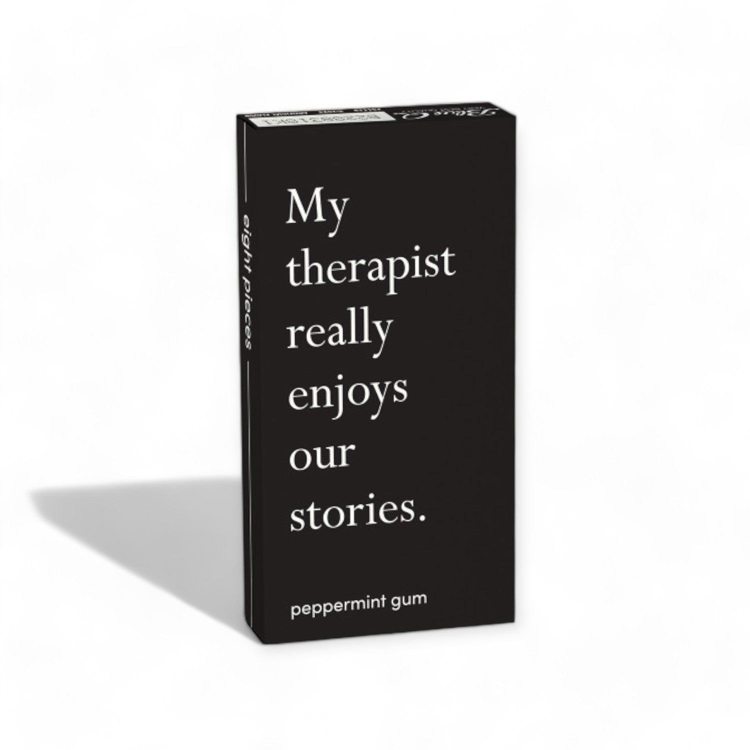 Bild einer fröhlichen "My Therapist" Kaugummipackung in beruhigenden Farben mit einer Minzblatt-Illustration, um den frischen Minzgeschmack zu symbolisieren.