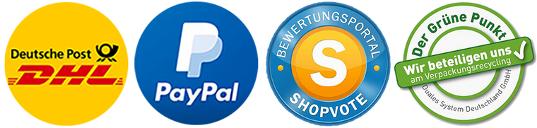 Deutsche Post DHL: Weltweiter Versand. Paypal: Einfache Bezahlung. Shopboard: Effizientes Management. Grüner Punkt: Nachhaltigkeit.