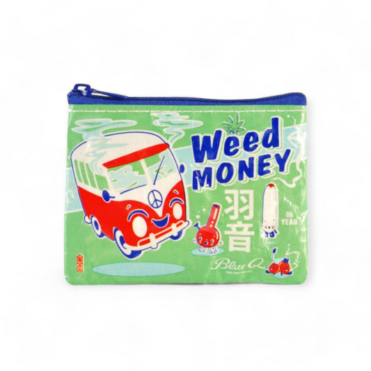 Lustige 'Weed Money' Geldbörse von Blue Q, ideal für das Sammeln von Sparemünzen und als humorvolles Accessoire für Cannabisfreunde.