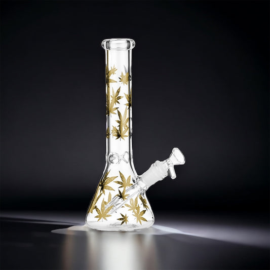 GENIAL MATERIAL, Exquisites Glas Raucherpfeife mit goldenen Hanfblättern veredelt – Eleganz trifft auf Hanfgenuss